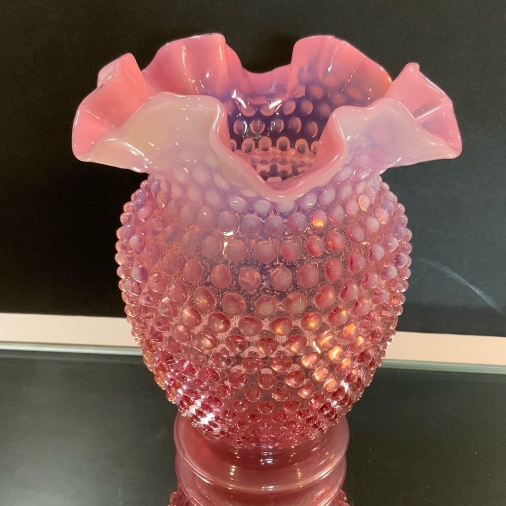 Vintage Fenton Hobnail Vase Pink White Ruffle Top 5 3/4 Tall Glass #60